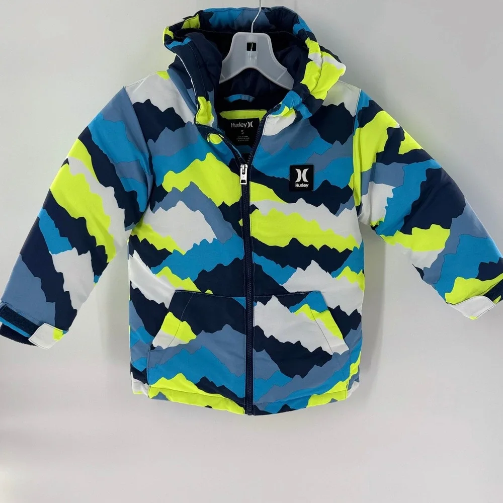 HURLEY Boys Blue Neon Yellow Mountain Camo Hooded Puffer Winter Jacket Size 5